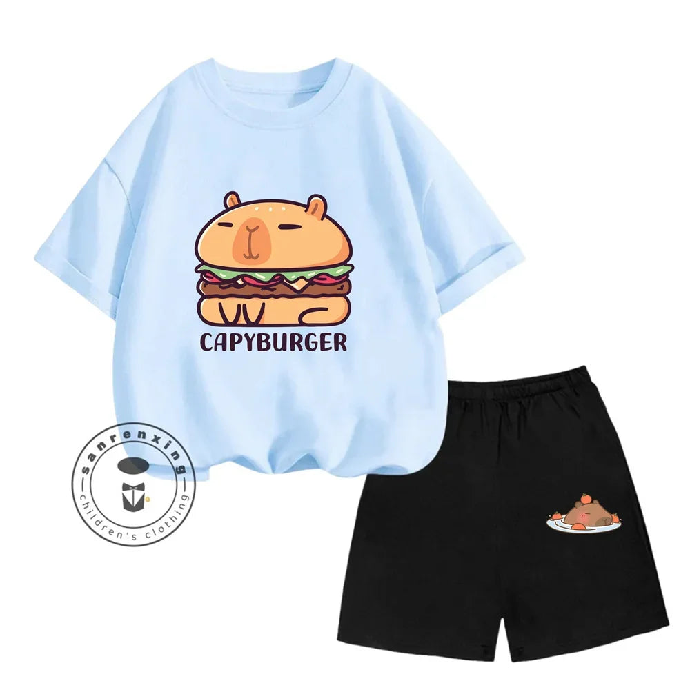 Sanrio Kids Summer T-shirt Cute Capybara Print Cotton Short Sleeve/Shorts Fashion Set for Boys and Girls