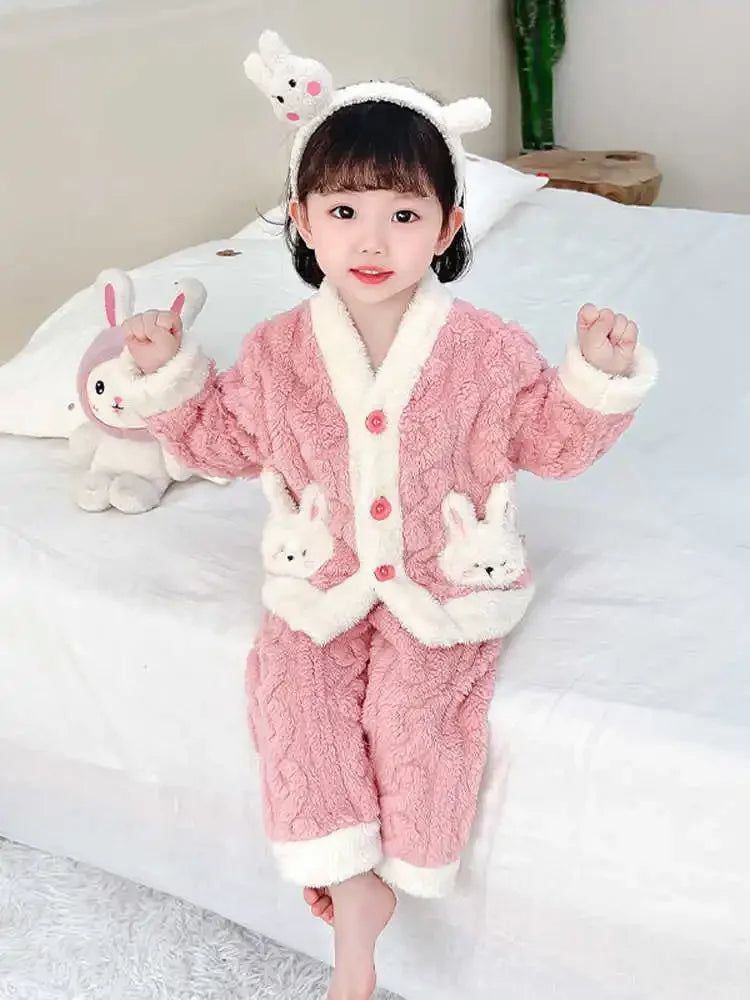 Autumn Winter Children Sleepwear Baby Pajamas Set Thick Flannel Fleece Child Sleepwear 2Pcs Sets Warm Home Suits Kids Clothes