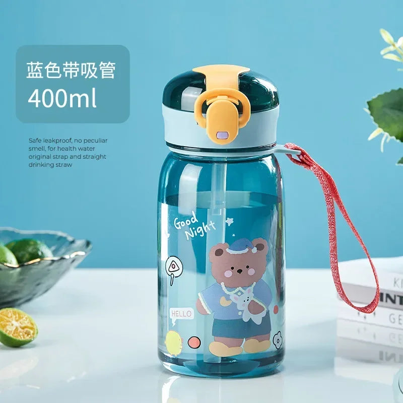 3Sizes Kids Cartoon Water Bottles Leakproof Water Sippy Cup with Straw and Strap Portable Drinking Bottle for Children School