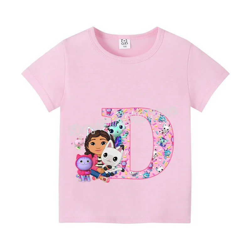 New Gabby Dollhouse T-shirt for Child A-Z Letters Tee Fashion Tops Cute Cartoon Girl Clothes Anime Kids Summer Short Sleeve Gift