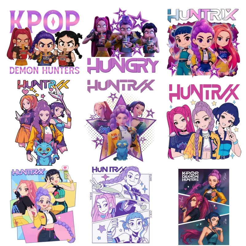 Kpop Demon Hunters Cartoon Patches for Clothes Vynil Heat Transfer Thermal Stickers DIY Kids T shirt Iron on for Women Appliqued