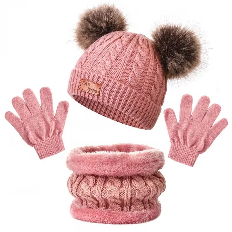 3pcs 2025 New Winter Toddler Kids Warm Knitted Pompom Hat Winter Solid Cap Scarf Glove Child Winter Warm Set Gifts For Kids