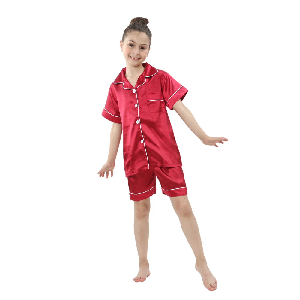 Summer Short Sleeve Kids Pajamas Sets Satin Silk Button Down Loungewear Girls Sleepwear Boys Clothing Sets Children Pyjamas Pjs