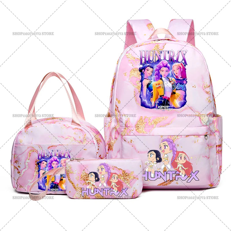 3pcs Movie Kpop Demon Hunters Backpack Lunch Bag Pencil Case Set Student Anime Fashion Schoolbag Pen Case Bento Pouch Suit Gifts