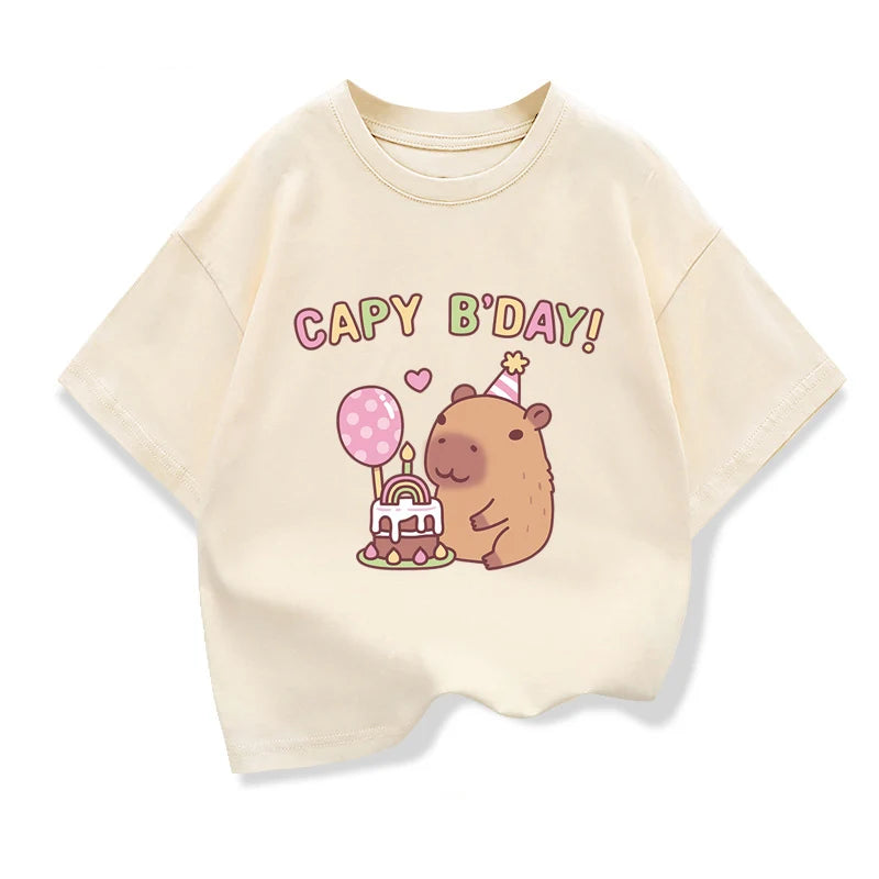 Cute Capibara Printed Cartoon T Shirt For Kids 2025 New Children's Summer Clothes Loose Short Sleeve T-shirts Kids Cotton Tee