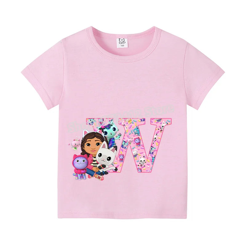 New Gabby Dollhouse T-shirt for Child A-Z Letters Tee Fashion Tops Cute Cartoon Girl Clothes Anime Kids Summer Short Sleeve Gift