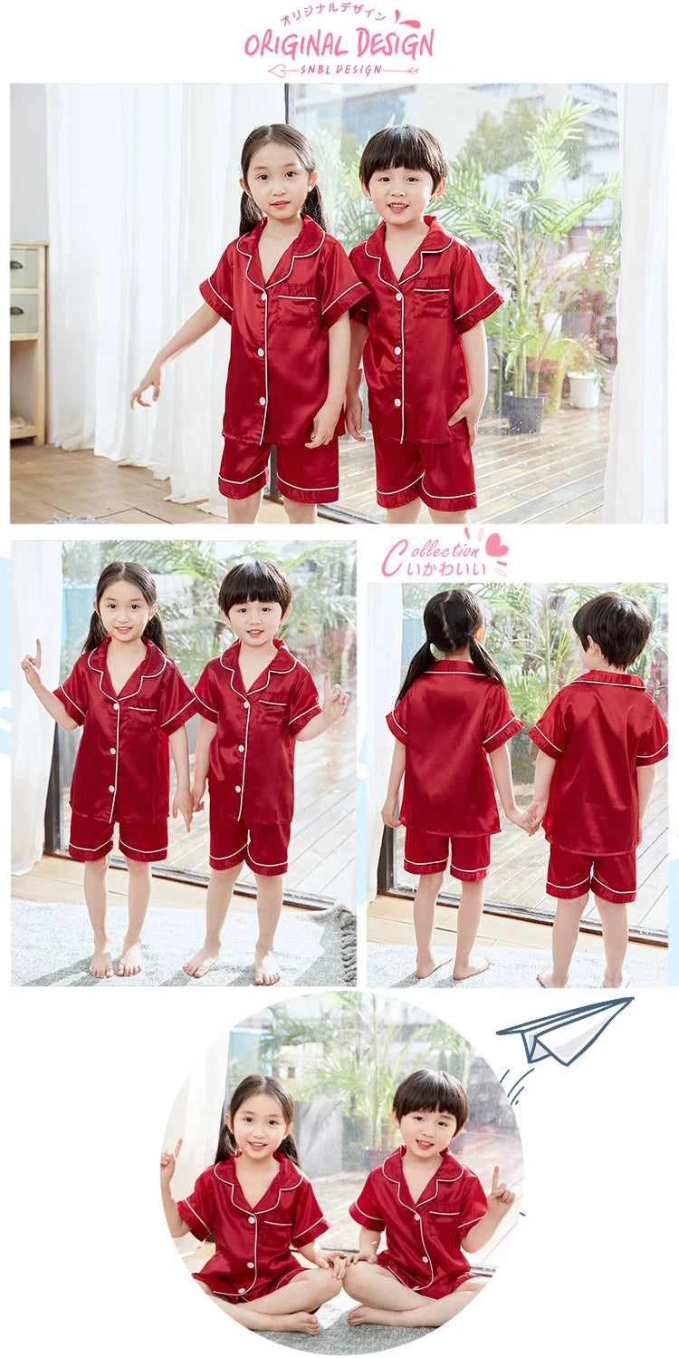 Summer Short Sleeve Kids Pajamas Sets Satin Silk Button Down Loungewear Girls Sleepwear Boys Clothing Sets Children Pyjamas Pjs