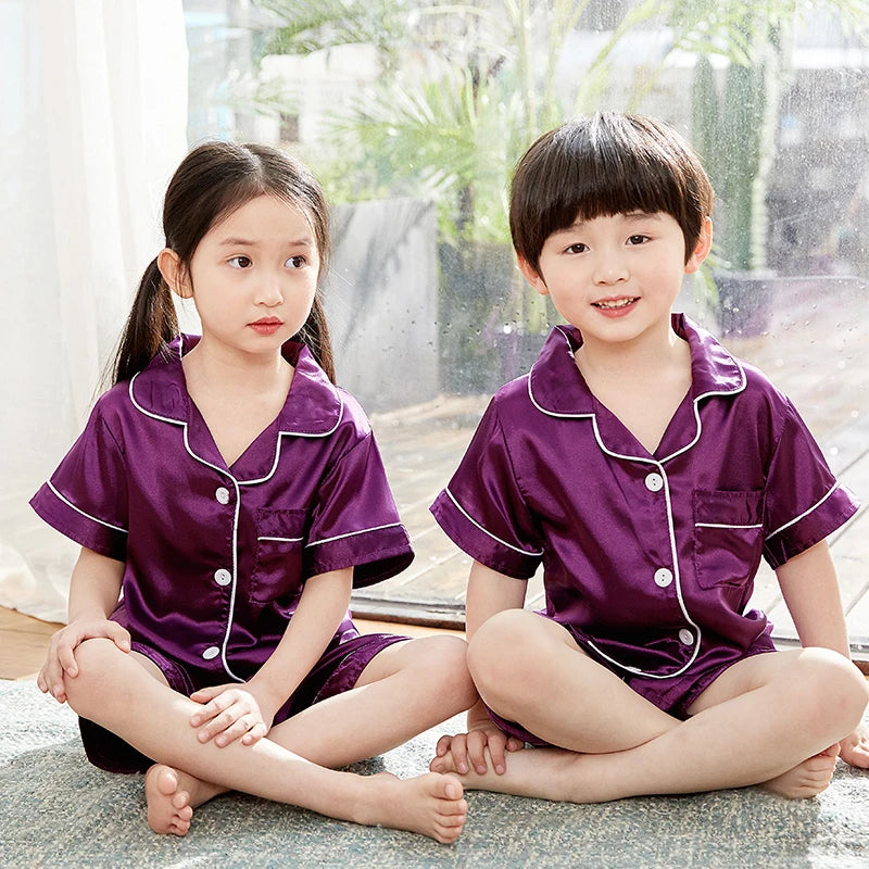 Summer Short Sleeve Kids Pajamas Sets Satin Silk Button Down Loungewear Girls Sleepwear Boys Clothing Sets Children Pyjamas Pjs
