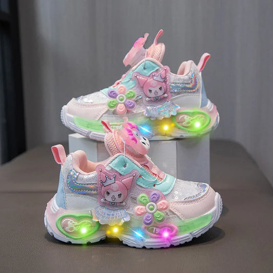 Kuromi LED Shoes Sanrio Kids Luminous Shoes Kawaii Kuromi Tennis Shoes Girls Casual Sneakers Lighted Rotating Button Shoes
