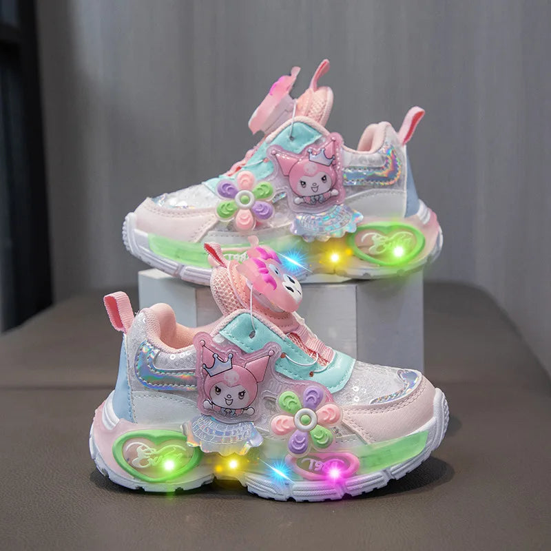 Kuromi LED Shoes Sanrio Kids Luminous Shoes Kawaii Kuromi Tennis Shoes Girls Casual Sneakers Lighted Rotating Button Shoes