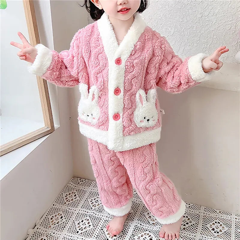 Autumn Winter Children Sleepwear Baby Pajamas Set Thick Flannel Fleece Child Sleepwear 2Pcs Sets Warm Home Suits Kids Clothes