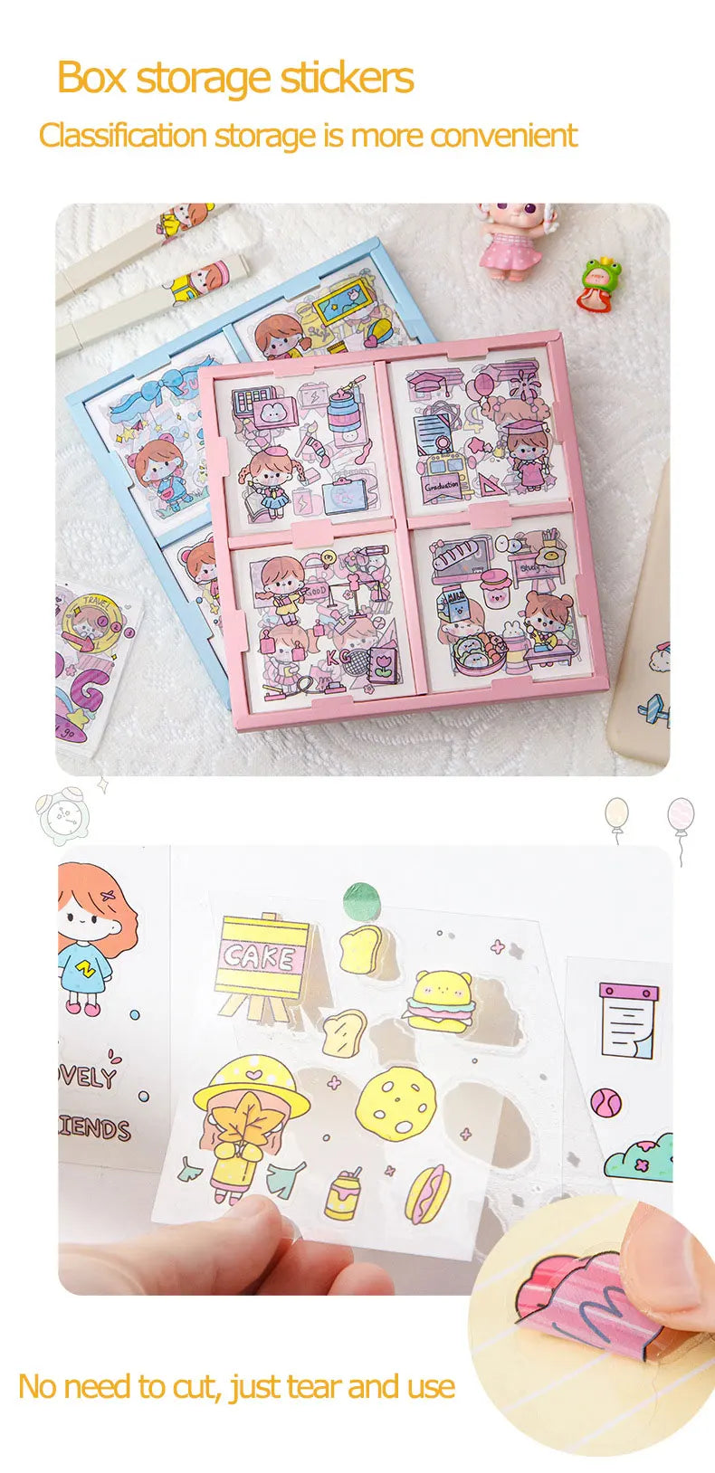 100 Pcs/Box Stickers for Kids Girls Set Kawaii Cartoon Decoration DIY Scrapbooking Waterproof Stationary Gift School Supplies