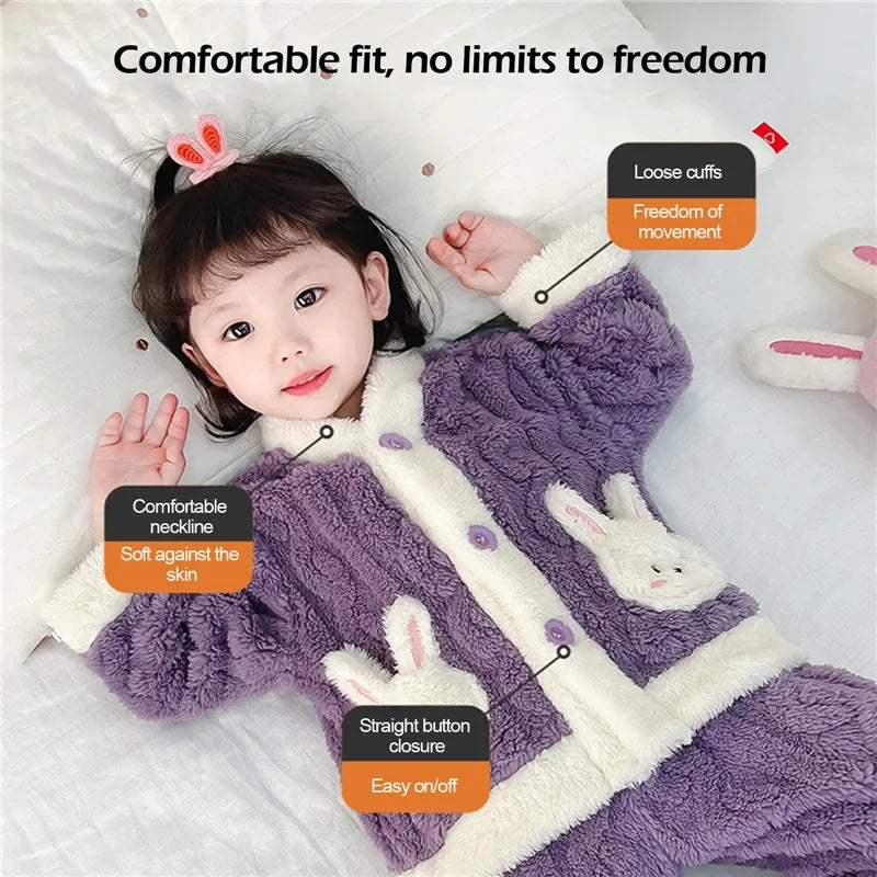 Autumn Winter Children Sleepwear Baby Pajamas Set Thick Flannel Fleece Child Sleepwear 2Pcs Sets Warm Home Suits Kids Clothes
