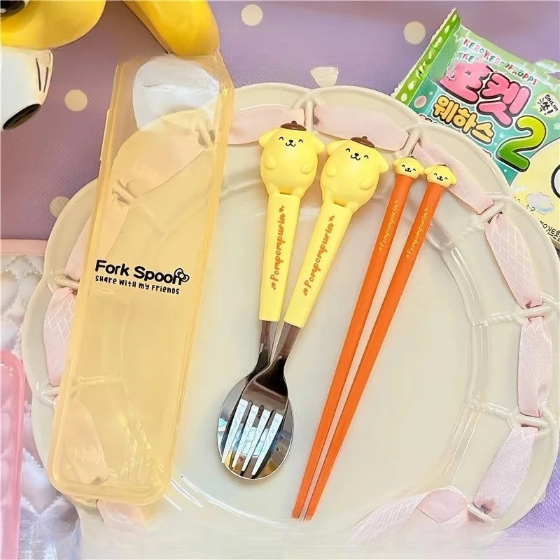 Sanrio Kuromi Hello Kitty Melody Kids Chopsticks Spoon Fork Set Cinnamoroll Stainless Steel Cutlery Set Students Gifts Tableware