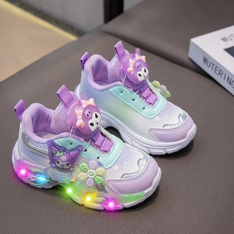 Kuromi LED Shoes Sanrio Kids Luminous Shoes Kawaii Kuromi Tennis Shoes Girls Casual Sneakers Lighted Rotating Button Shoes