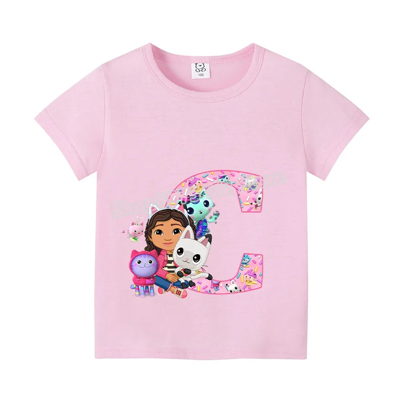 New Gabby Dollhouse T-shirt for Child A-Z Letters Tee Fashion Tops Cute Cartoon Girl Clothes Anime Kids Summer Short Sleeve Gift