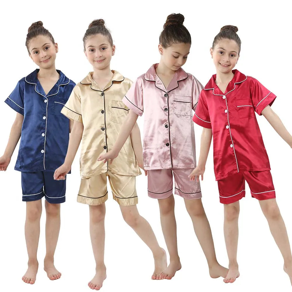 Summer Short Sleeve Kids Pajamas Sets Satin Silk Button Down Loungewear Girls Sleepwear Boys Clothing Sets Children Pyjamas Pjs