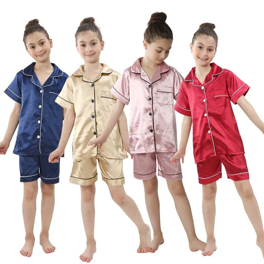 Summer Short Sleeve Kids Pajamas Sets Satin Silk Button Down Loungewear Girls Sleepwear Boys Clothing Sets Children Pyjamas Pjs