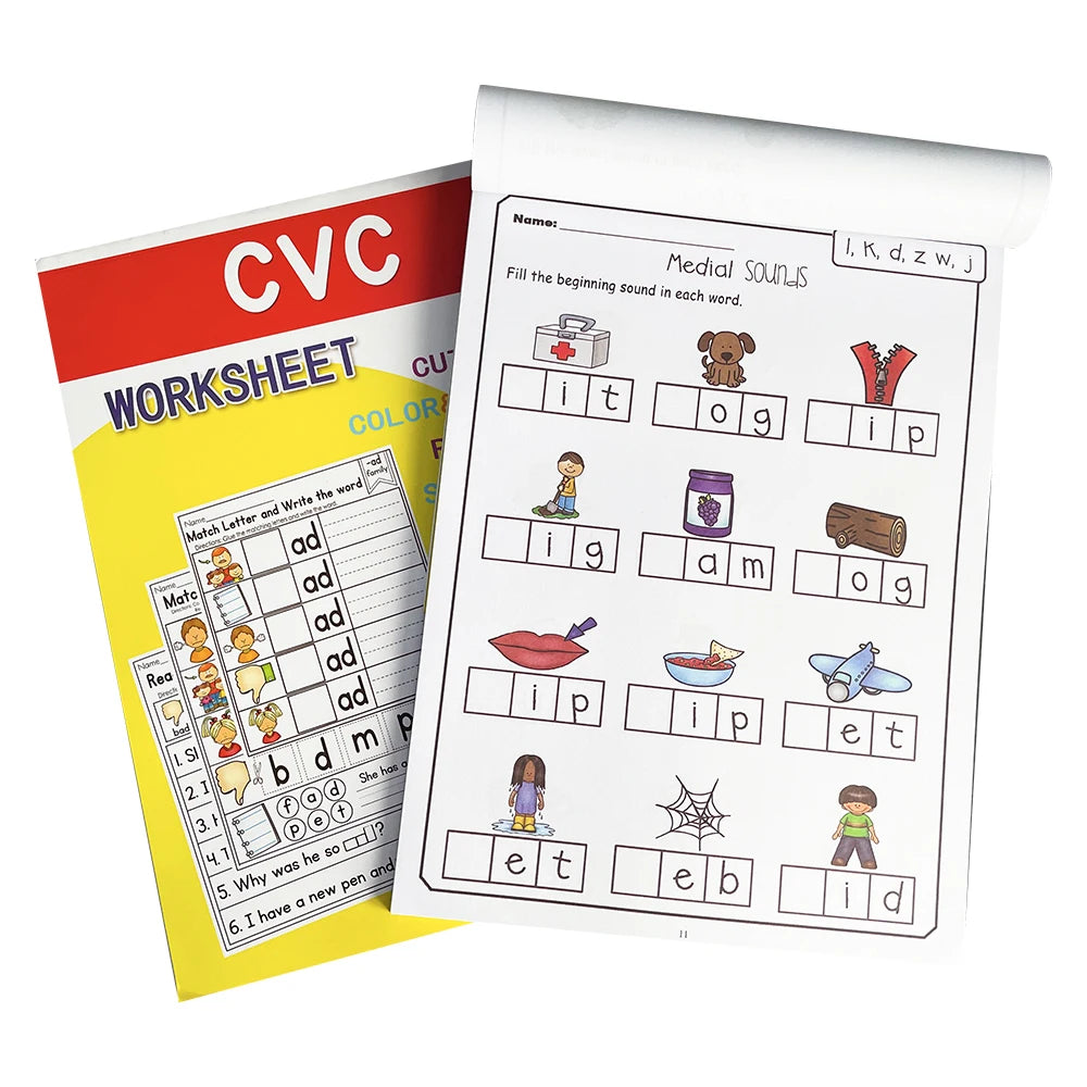 2books English CVC Words Phonics Workbook Language Arts Skills book for Kids children read & match & sound & sentence Worksheet