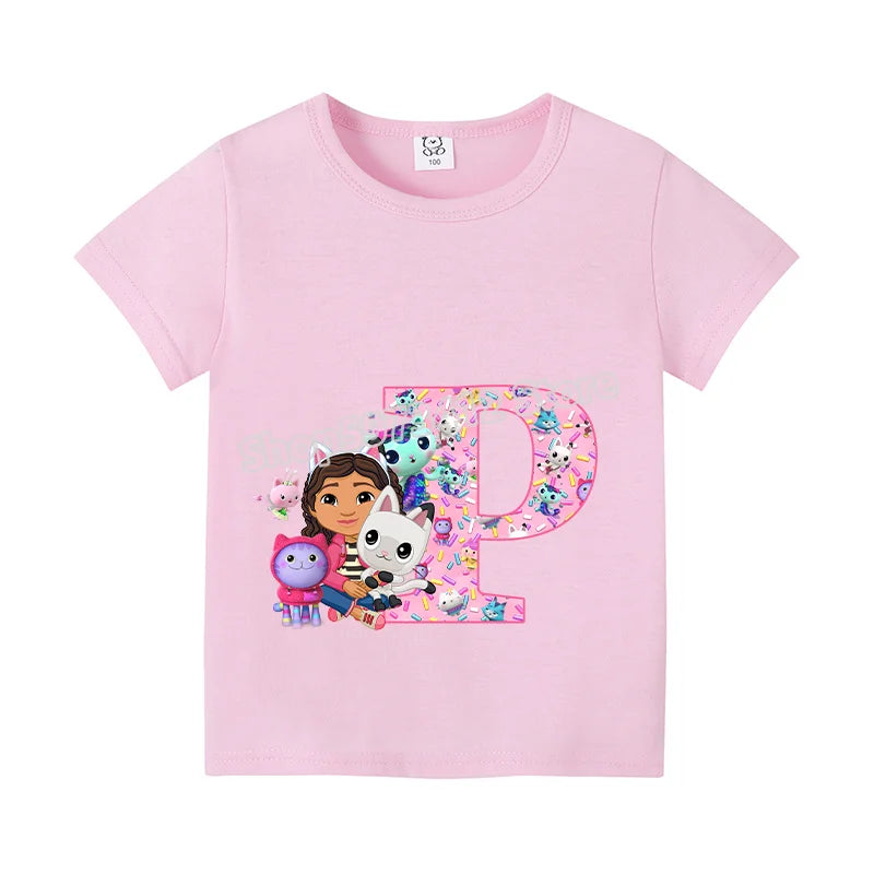 New Gabby Dollhouse T-shirt for Child A-Z Letters Tee Fashion Tops Cute Cartoon Girl Clothes Anime Kids Summer Short Sleeve Gift