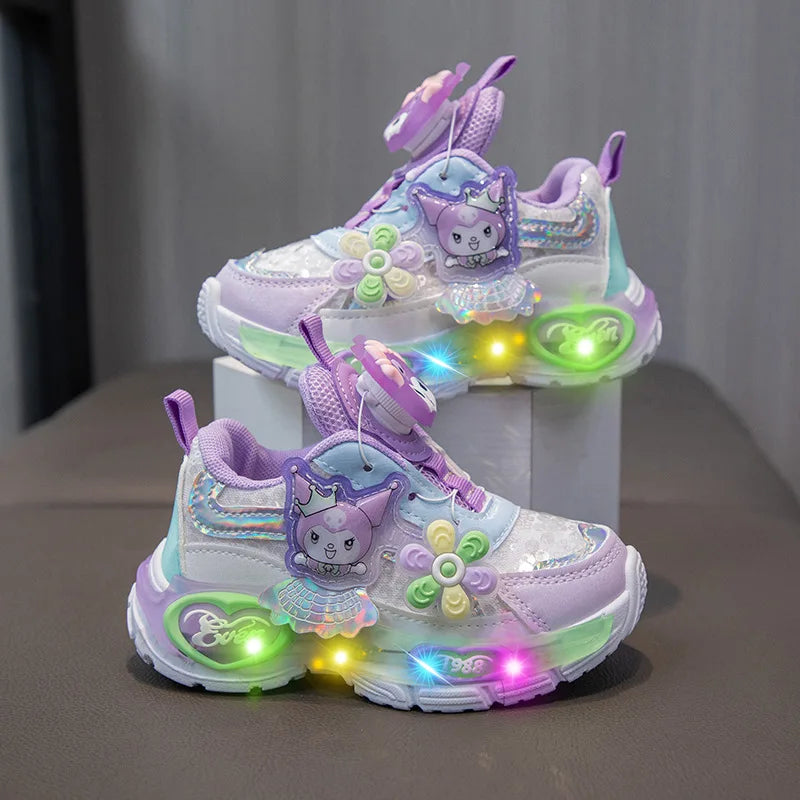 Kuromi LED Shoes Sanrio Kids Luminous Shoes Kawaii Kuromi Tennis Shoes Girls Casual Sneakers Lighted Rotating Button Shoes