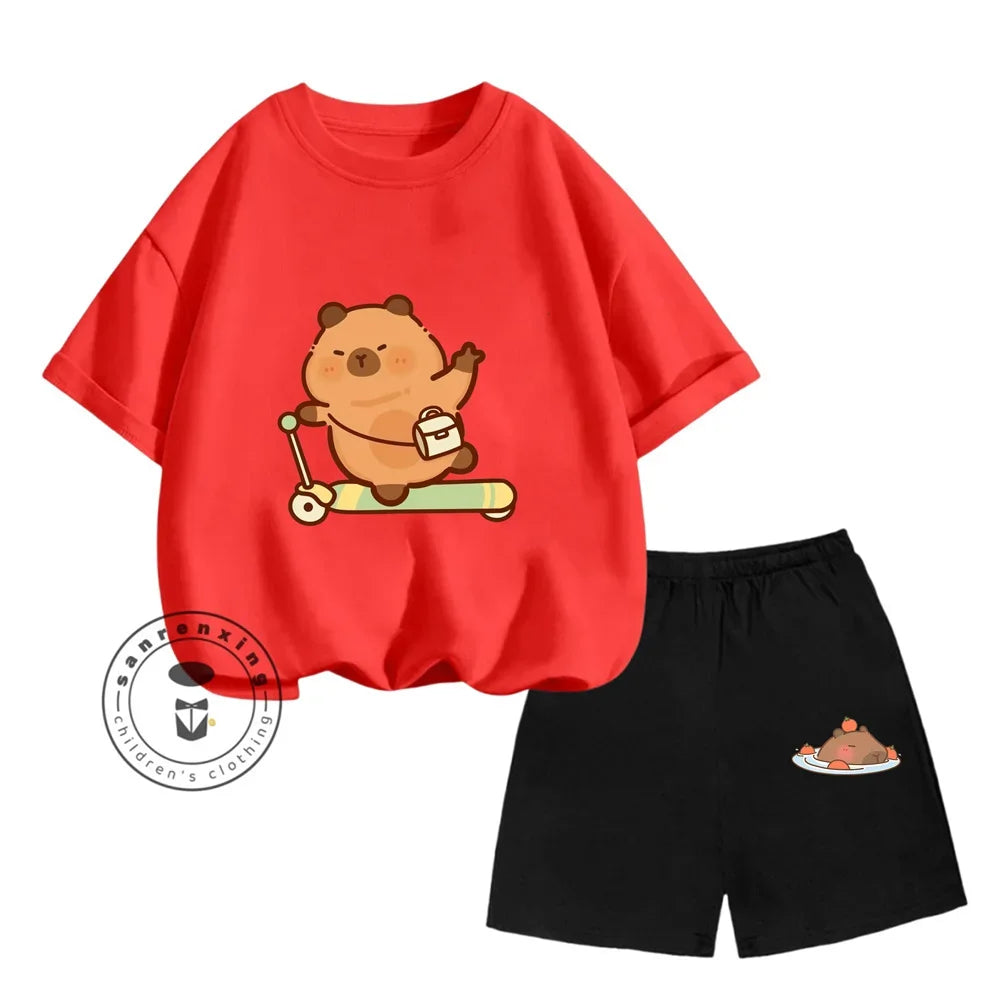 Sanrio Kids Summer T-shirt Cute Capybara Print Cotton Short Sleeve/Shorts Fashion Set for Boys and Girls
