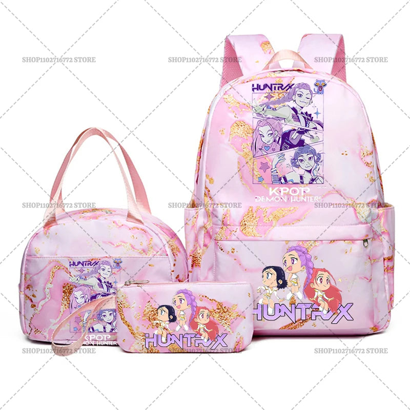 3pcs Movie Kpop Demon Hunters Backpack Lunch Bag Pencil Case Set Student Anime Fashion Schoolbag Pen Case Bento Pouch Suit Gifts