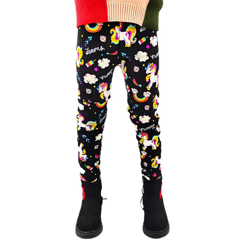 Autumn Winter Children Girls Cartoon Unicorn Pattern Printing Leggings Kids Velvet Thicken Warm Pants Boys Cotton Trousers 3-10T