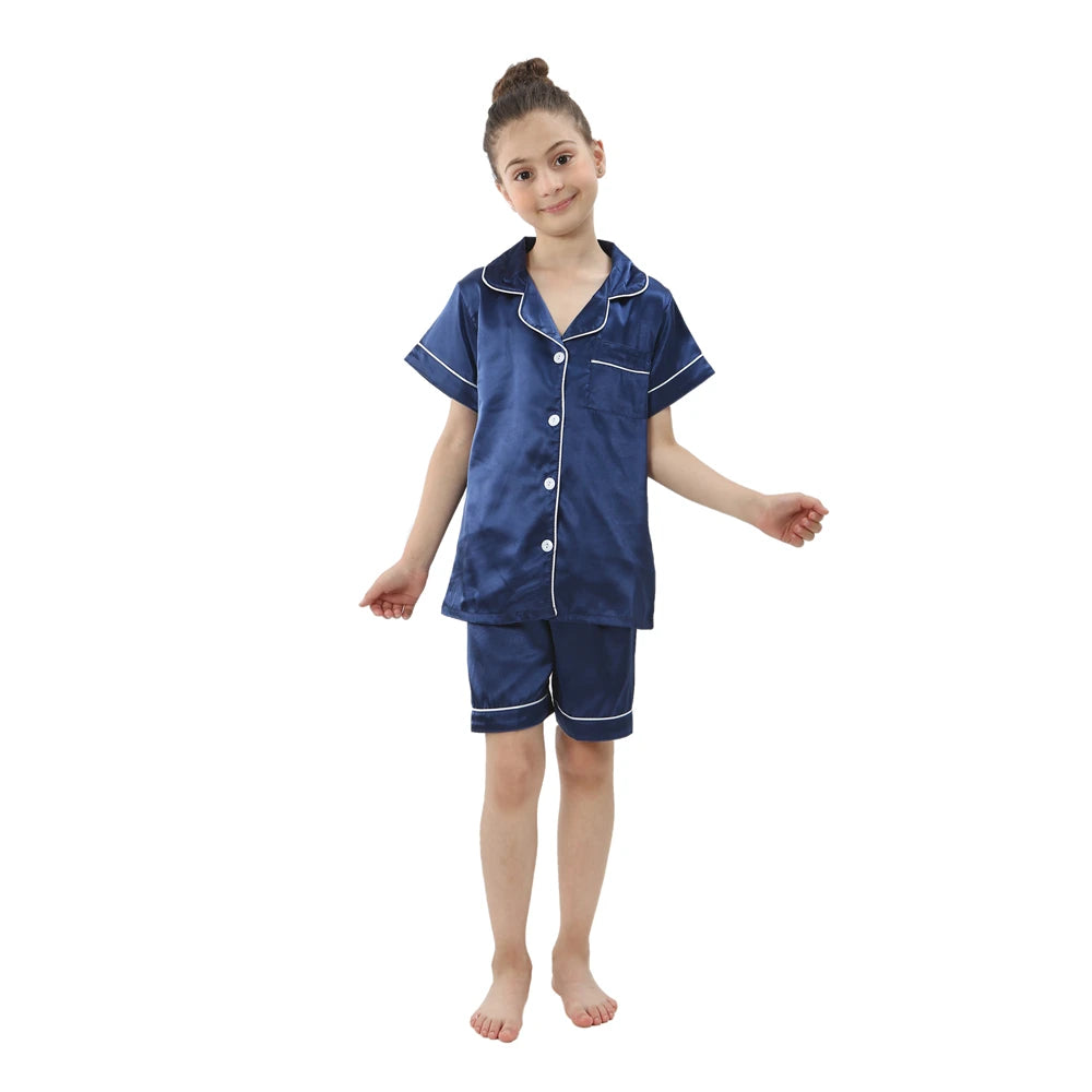 Summer Short Sleeve Kids Pajamas Sets Satin Silk Button Down Loungewear Girls Sleepwear Boys Clothing Sets Children Pyjamas Pjs