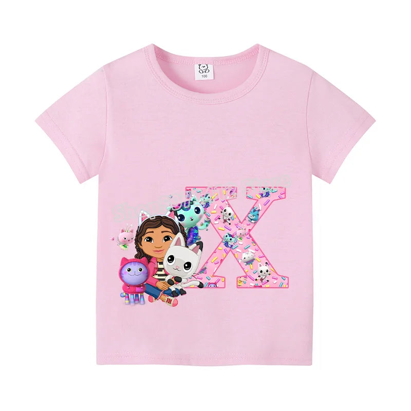 New Gabby Dollhouse T-shirt for Child A-Z Letters Tee Fashion Tops Cute Cartoon Girl Clothes Anime Kids Summer Short Sleeve Gift