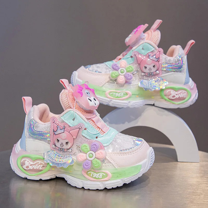 Kuromi LED Shoes Sanrio Kids Luminous Shoes Kawaii Kuromi Tennis Shoes Girls Casual Sneakers Lighted Rotating Button Shoes