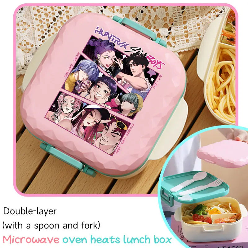 800ml For KPop Demon Hunters Lunch Box Microwave Heating Anime HUNTR/X Rumi Mira Zoey Bento Box BPA Free Comes with Tableware