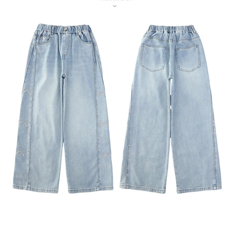 Jeans for Girls Fashion Clothes for Teenagers Solid Loose Kids Wide Leg Pants with Butterfly Children Denim Trousers Age 5-14T