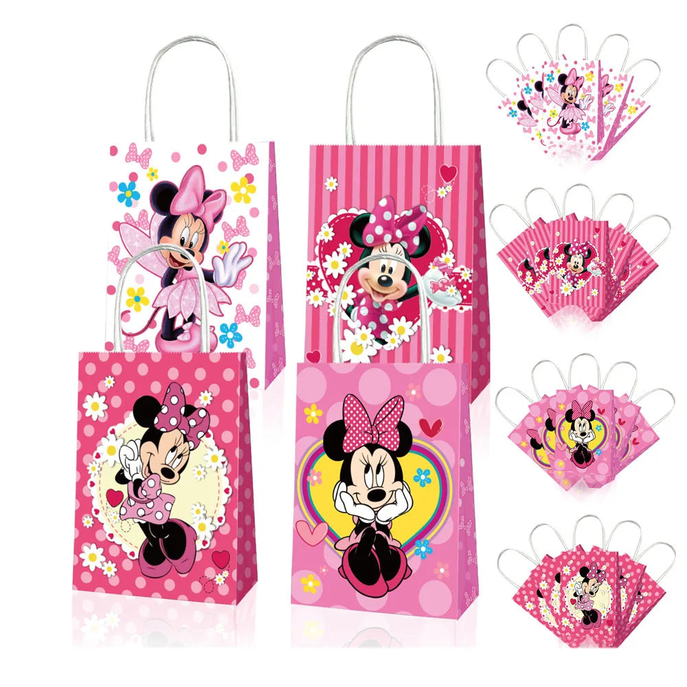 12pcs Pink Minnie Mouse Birthday Party Decorations Handle Gift Bags Sets Paper Candy Pocket Baby Shower Kids Girl Party Supplies
