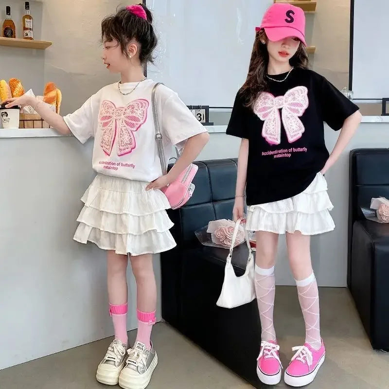 2025 teenager Summer Kids Girls clothes short Sleeve cotton crop top bow t-Shirt top and Tiered Pleated Skirt 5 6 7 8 9 12 year
