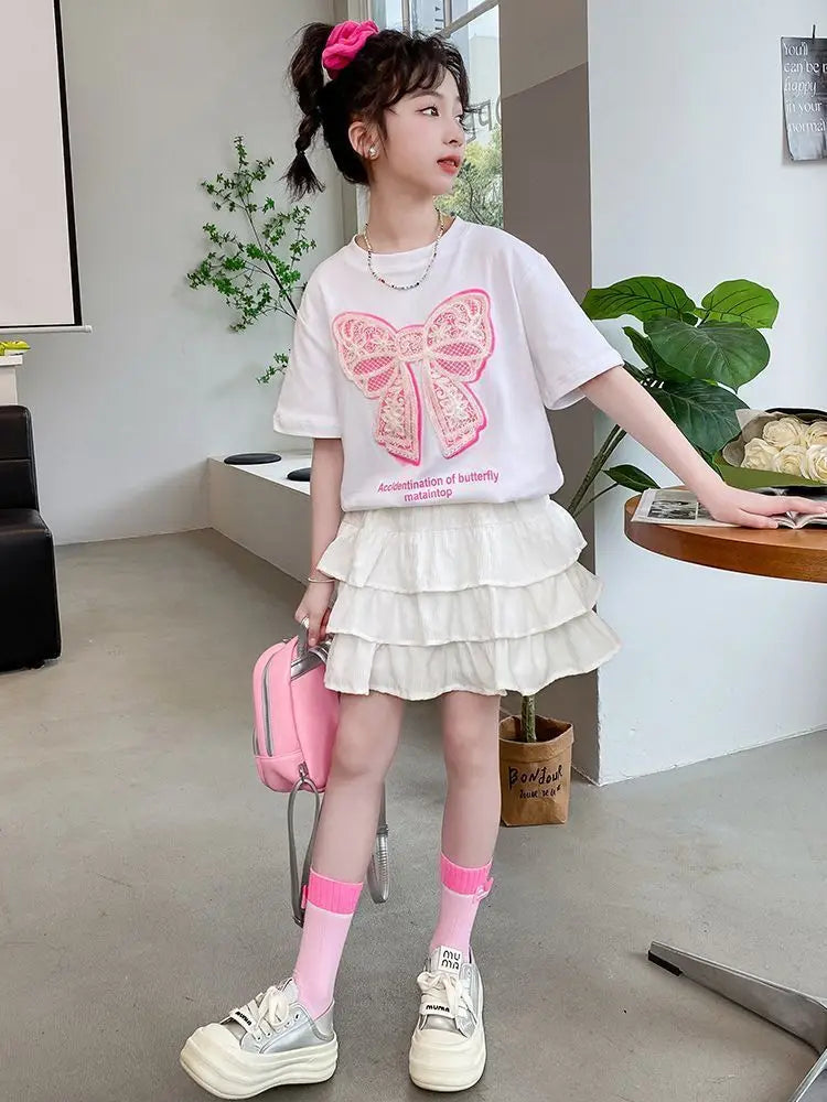 2025 teenager Summer Kids Girls clothes short Sleeve cotton crop top bow t-Shirt top and Tiered Pleated Skirt 5 6 7 8 9 12 year