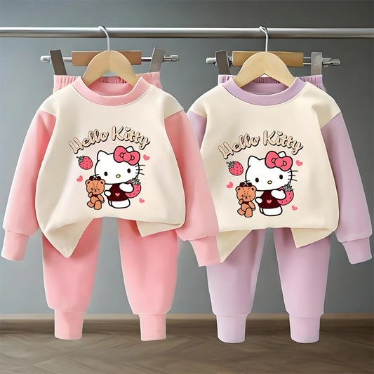 Sanrio Autumn Hello Kitty Printed Children Long Sleeve Pajamas Sets Soft Girls Home Clothes Suit Kids Casual Sleepwear Set