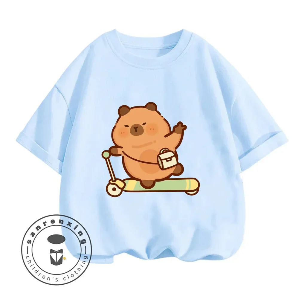 Sanrio Kids Summer T-shirt Cute Capybara Print Cotton Short Sleeve/Shorts Fashion Set for Boys and Girls