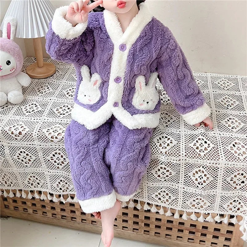 Autumn Winter Children Sleepwear Baby Pajamas Set Thick Flannel Fleece Child Sleepwear 2Pcs Sets Warm Home Suits Kids Clothes