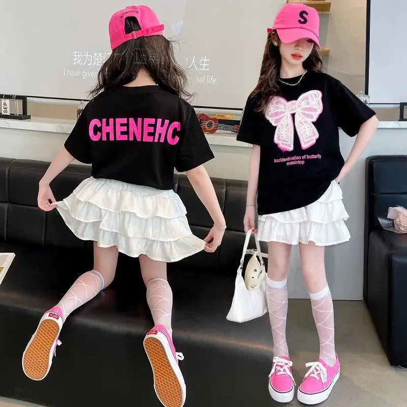 2025 teenager Summer Kids Girls clothes short Sleeve cotton crop top bow t-Shirt top and Tiered Pleated Skirt 5 6 7 8 9 12 year