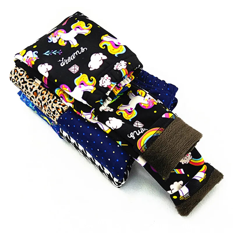 Autumn Winter Children Girls Cartoon Unicorn Pattern Printing Leggings Kids Velvet Thicken Warm Pants Boys Cotton Trousers 3-10T