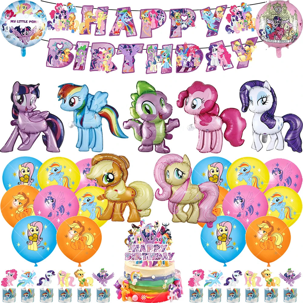 My Little Pony Foil Balloon Happy Birthday Latex Ballon Banner Party Decoration Cake Topper Supplies Backdrop Disposable Kid Toy