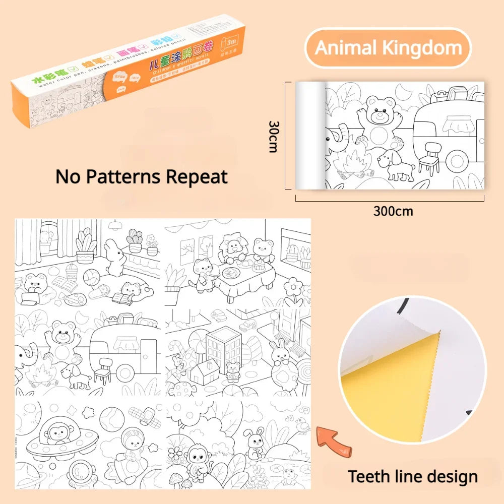 Children Drawing Roll Sticky Graffiti Scroll DIY Painting Color Filling Paper Coloring Papers for Kids Educational Toys Gifts