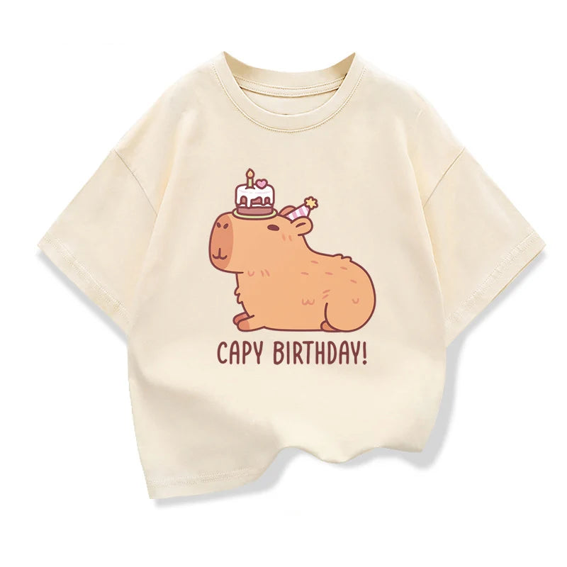 Cute Capibara Printed Cartoon T Shirt For Kids 2025 New Children's Summer Clothes Loose Short Sleeve T-shirts Kids Cotton Tee