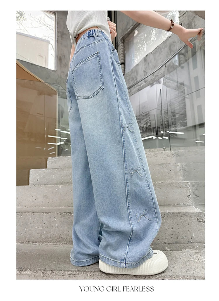 Jeans for Girls Fashion Clothes for Teenagers Solid Loose Kids Wide Leg Pants with Butterfly Children Denim Trousers Age 5-14T