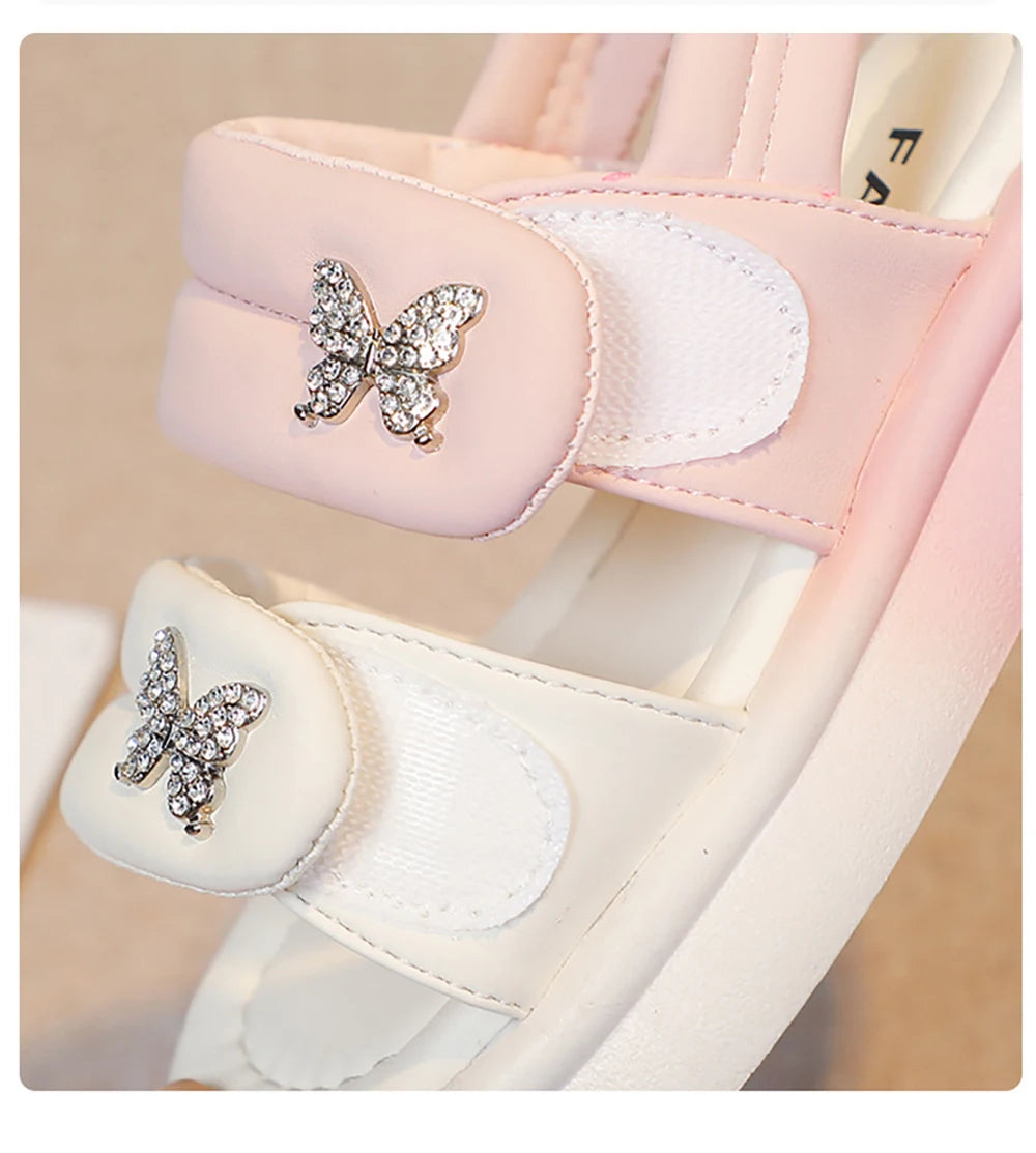Korean Style Princess Sandals For Girls Rhinestone Butterfly Teenager Girl's Sandals Trend Fashion Teenager Beach Sandals Kids