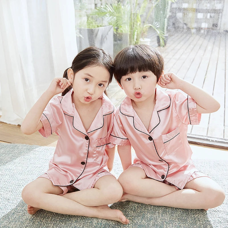 Summer Short Sleeve Kids Pajamas Sets Satin Silk Button Down Loungewear Girls Sleepwear Boys Clothing Sets Children Pyjamas Pjs