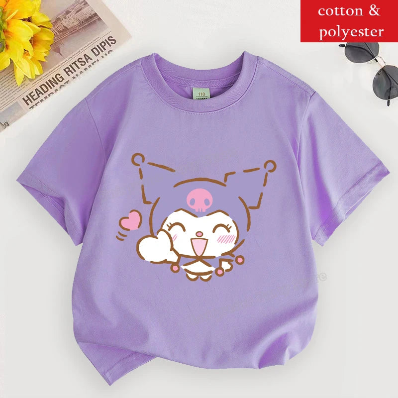 Kuromi T Shirt for Girl Sanrios Cartoon Children Clothes Korean Purple Kids T Shirt Short Sleeve Summer Casual Toddler Tee Tops