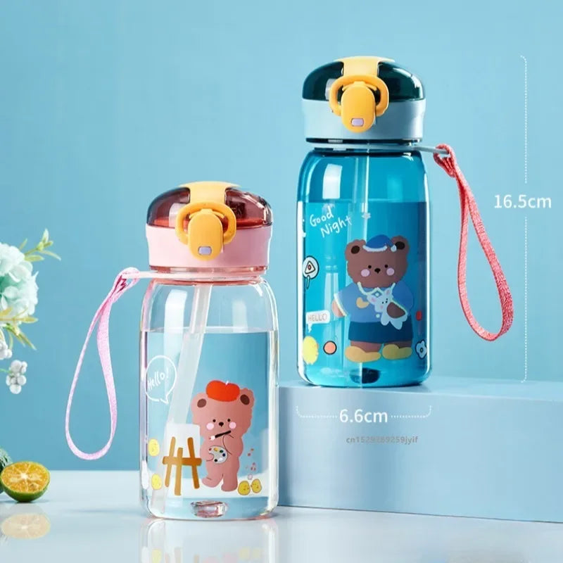 3Sizes Kids Cartoon Water Bottles Leakproof Water Sippy Cup with Straw and Strap Portable Drinking Bottle for Children School