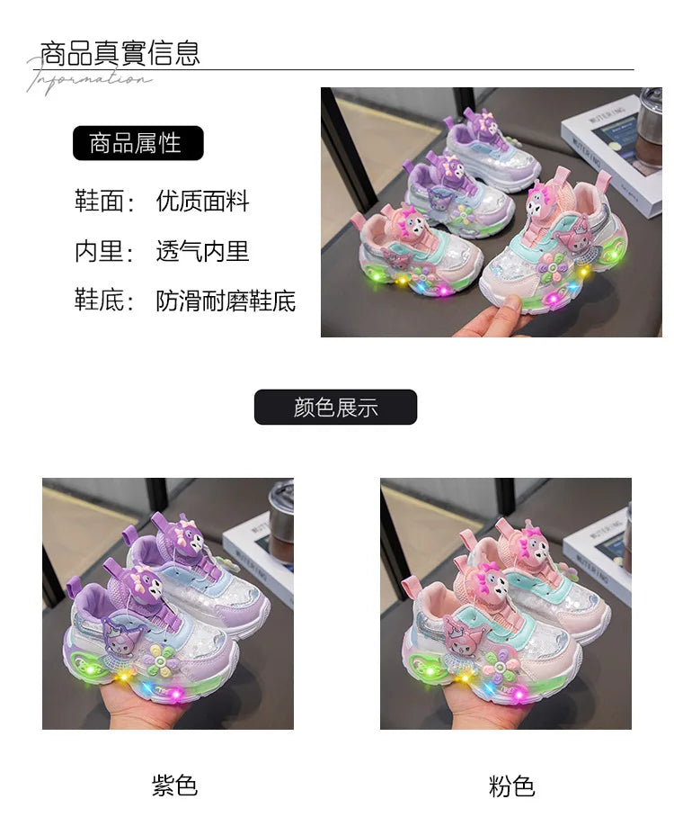Kuromi LED Shoes Sanrio Kids Luminous Shoes Kawaii Kuromi Tennis Shoes Girls Casual Sneakers Lighted Rotating Button Shoes